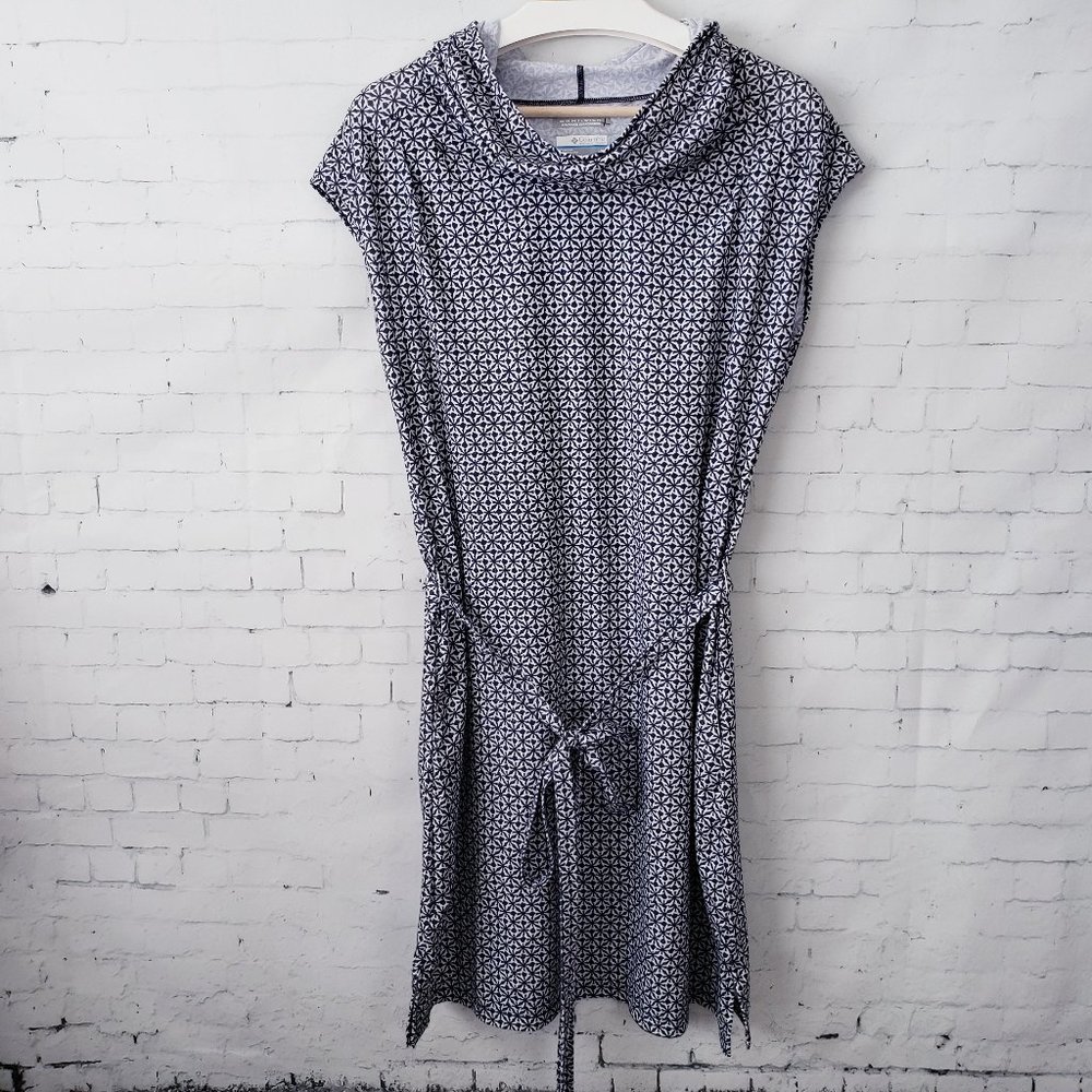 Columbia Omni Wick Dress With Hood Size L Blue White Print Waist Tie Belt